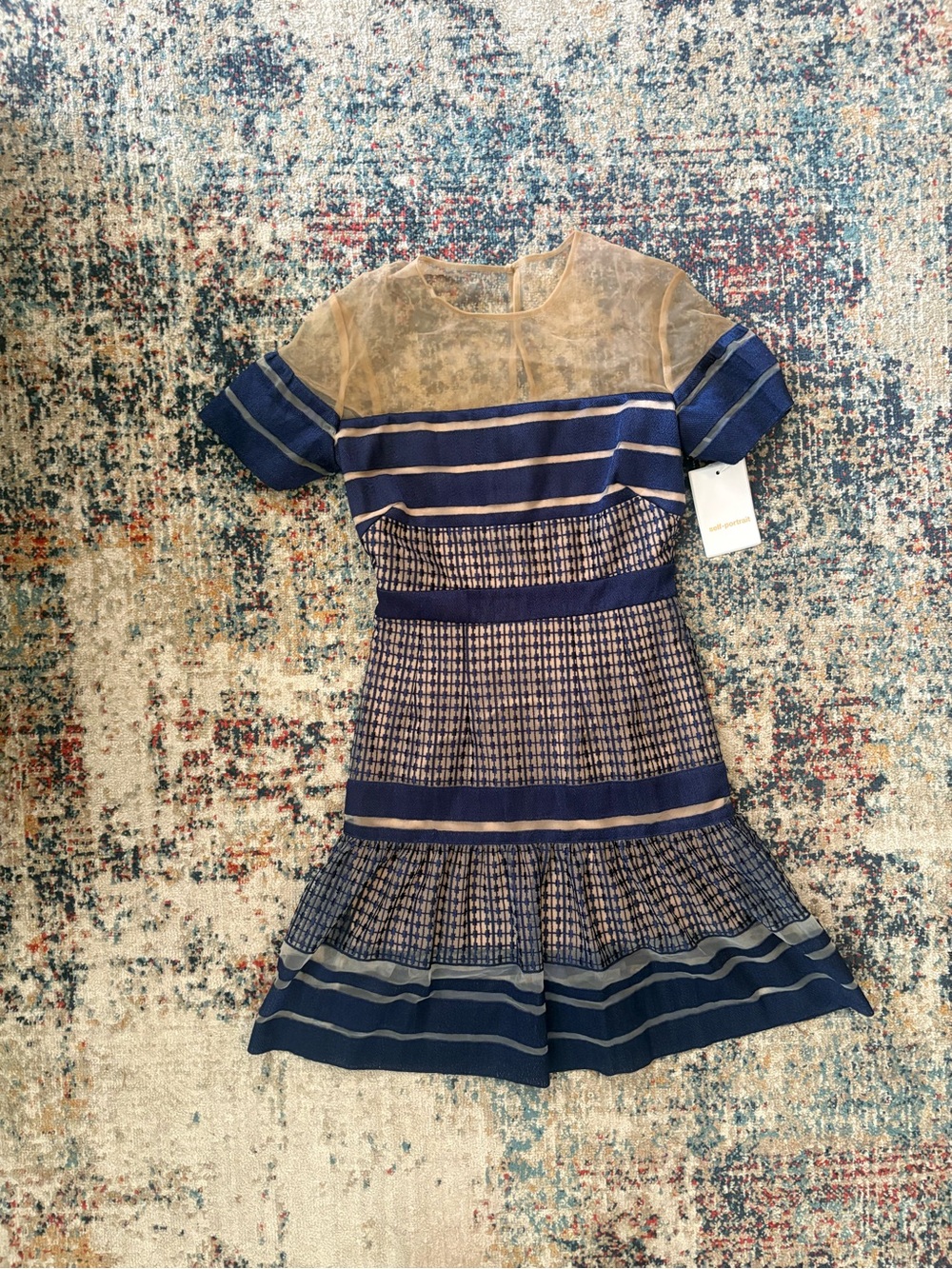 Self-Portrait Striped Mesh Peplum Dress